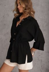 Czarna Koszula z Lnem Bawełną i Szerokimi Rękawami Moontwist. Czarne koszule Renee, m, bez wzorów, z bawełny, casualowe, bez kołnierzyka, bez ramiączek. Za 139.99 zł.