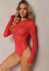 Czerwone Body z Długim Rękawem z Siateczkowego Materiału z Geometrycznym Printem Virefia. Czerwone body Renee, s, bez wzorów, z jeansu. Za 49.99 zł.