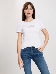 Cross Jeans Koszulka w kolorze białym rozmiar: L. Białe bluzki Cross Jeans, l, bez wzorów, z bawełny, bez kołnierzyka, bez ramiączek. Za 48.28 zł.