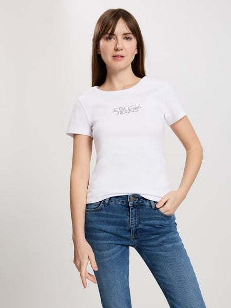Cross Jeans Koszulka w kolorze białym rozmiar: L. Białe bluzki Cross Jeans, l, bez wzorów, z bawełny, bez kołnierzyka, bez ramiączek. Za 43.68 zł.