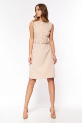 Sukienka z paskiem i guzikami - Beżowa. Brązowe sukienki Nife, xxl, bez wzorów, z elastanu, bez kołnierzyka, bez ramiączek, midi. Za 299.90 zł.