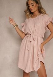 Ciemnoróżowa Sukienka z Paskiem i Falbankami przy Rękawach Folunelle. Czerwone sukienki Renee, na co dzień, bez wzorów, eleganckie, bez kołnierzyka, bez ramiączek, mini. Za 64.99 zł.