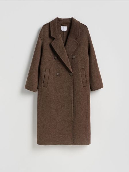 Płaszcz handmade z wełną - ciemnobrązowy. Brązowe płaszcze Reserved, l, bez wzorów, z tkaniny, bez kaptura. Za 499.99 zł.