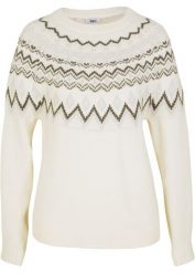 Sweter z płytkim dekoltem, w norweski wzór. Białe swetry bonprix, bez wzorów, bez ramiączek. Za 79.99 zł.