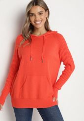 Pomarańczowy Sweter z Kapturem i Kieszenią z Domieszką Kaszmiru Neriele. Brązowe swetry Born2be, z aplikacjami, z jeansu, bez ramiączek. Za 139.99 zł.