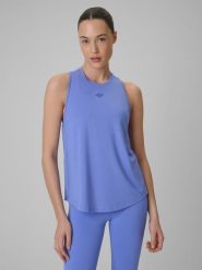 4F Top treningowy szybkoschnący damski - niebieski L. Niebieskie topy 4f, l, bez wzorów, z materiału, bez kołnierzyka, bez ramiączek. Za 79.99 zł.