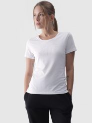 4F T-shirt slim z nadrukiem damski - biały L. Białe t-shirty 4f, l, bez wzorów, z bawełny, bez kołnierzyka, bez ramiączek. Za 49.99 zł.