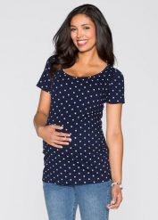 T-shirt ciążowy (2 szt.), bawełna organiczna ze wzorem w kropki. Fioletowe t-shirty bonprix, bez wzorów, z bawełny, bez kołnierzyka, bez ramiączek. Za 124.99 zł.