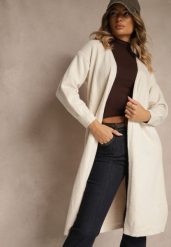 Biały Niezapinany Casualowy Kardigan z Wełną o Długim Kroju Zozita. Białe kardigany Renee, uniwersalny, bez wzorów, z jeansu. Za 79.99 zł.