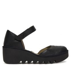 Półbuty Fly London. Czarne czółenka Fly London, bez wzorów, bez obcasa, na koturnie, bez zapięcia. Za 547.99 zł.