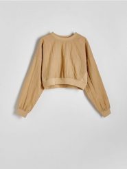 Bluza z łączonych materiałów - beżowy. Brązowe bluzy Reserved, l, bez wzorów, z materiału, bez kaptura. W wyprzedaży za 29.99 zł.