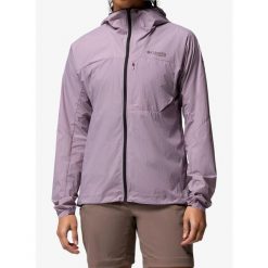 Kurtka przeciwwiatrowa damska Columbia Khyex Pro Wind Jacket. Fioletowe kurtki sportowe Columbia, bez wzorów, z softshellu, bez kaptura, trekkingowe. Za 478.49 zł.
