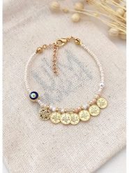 Atelier MIU Pozłacana bransoletka z elementami ozdobnymi rozmiar: onesize. Brązowe bransoletki Atelier MIU, z perłą, pozłacane. Za 34.99 zł.