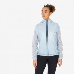Kurtka turystyczna damska Quechua MH900 Light. Niebieskie kurtki sportowe QUECHUA, m, bez wzorów, z materiału, bez kaptura, trekkingowe. W wyprzedaży za 89.99 zł.