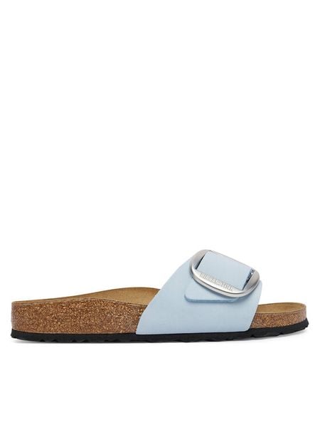 Birkenstock Klapki Madrid Big Buckle 1031798 Błękitny. Niebieskie klapki Birkenstock, bez wzorów, z nubiku, bez obcasa. Za 509.99 zł.