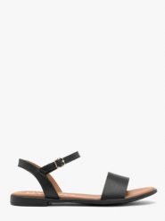 Czarne sandały damskie płaskie. Czarne sandały Ryłko, z aplikacjami, ze skóry, eleganckie, bez obcasa, na płaskiej podeszwie, bez zapięcia. Za 279.99 zł.