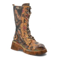 Botki damskie Laura Vita o sznurowanym fasonie z wysoką wzorzystą cholewką ozdobnymi detalami i masywną traperową podeszwą camel, Oyao 02 SL7004-2D C. Brązowe botki Laura Vita, na jesień, bez wzorów, przed kolano, bez obcasa, bez zapięcia. Za 669.00 zł.