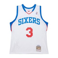 Koszulka NBA Philadelphia 76ers Allen Iverson 2009. Białe bluzki Mitchell & Ness, bez wzorów, bez kołnierzyka, bez ramiączek. W wyprzedaży za 402.00 zł.