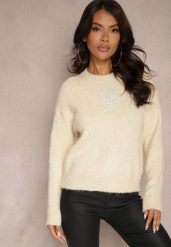 Beżowy Sweter z Wełną z Ozdobnymi Cyrkoniami Nomila. Brązowe swetry Renee, uniwersalny, z aplikacjami, z jeansu, bez ramiączek. Za 119.99 zł.