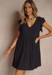Czarna Bawełniana Sukienka Rozkloszowana z Falbankami Mirlio. Czarne sukienki Renee, na co dzień, l, bez wzorów, z bawełny, eleganckie, bez kołnierzyka, bez ramiączek, mini, kopertowe. Za 39.99 zł.