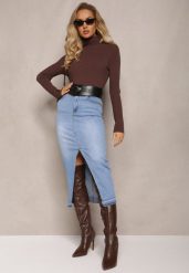Niebieska Jeansowa Spódnica Midi High Waist z Rozcięciem Lushio. Niebieskie spódnice Renee, s, bez wzorów, z bawełny, klasyczne, midi. Za 99.99 zł.