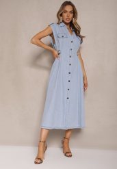 Jasnoniebieska Rozkloszowana Sukienka Jeansowa z Bawełny o Koszulowym Kroju Sepilie. Niebieskie sukienki Renee, na spotkanie biznesowe, l, bez wzorów, z bawełny, eleganckie, bez kołnierzyka, bez ramiączek, koszulowe. Za 164.99 zł.