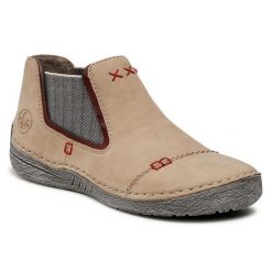Sztyblety Rieker. Brązowe botki Rieker, bez wzorów, bez obcasa, na płaskiej podeszwie, bez zapięcia. Za 279.99 zł.