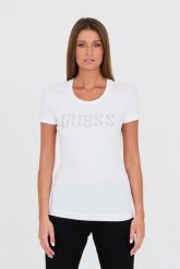 GUESS Biały damski t-shirt bawełniany Stones Logo Tee, Rozmiar L. Białe t-shirty Guess, l, z aplikacjami, z bawełny, bez kołnierzyka, bez ramiączek. W wyprzedaży za 179.99 zł.