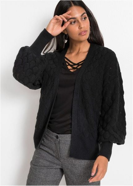 Sweter ażurowy bez zapięcia. Czarne swetry bonprix, w ażurowe wzory, bez ramiączek. Za 129.99 zł.