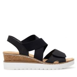 Sandały Rieker. Czarne sandały Rieker, bez wzorów, bez obcasa, na koturnie, bez zapięcia. Za 289.99 zł.