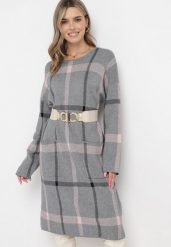 Szara Pudełkowa Sukienka Midi z Kieszeniami w Kratę Rafimara. Szare sukienki Born2be, xl, bez wzorów, z jeansu, bez kołnierzyka, bez ramiączek, midi. Za 129.99 zł.
