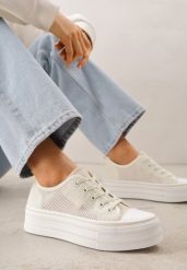 Beżowe Ażurowe Trampki na Platformie Irivana. Brązowe trampki Renee, w ażurowe wzory, z jeansu, bez zapięcia. Za 79.99 zł.