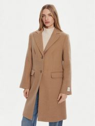 Calvin Klein Płaszcz wełniany LV044D558G Brązowy Slim Fit. Brązowe płaszcze Calvin Klein, na zimę, xxs, bez wzorów, z wełny, bez kaptura. Za 1,499.00 zł.