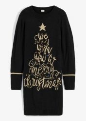 Sukienka dzianinowa z bożonarodzeniowym motywem. Czarne sukienki bonprix, bez wzorów, z dzianiny, eleganckie, bez kołnierzyka, bez ramiączek. Za 169.99 zł.