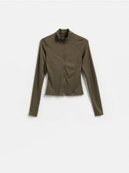 Bluza ze stójką - ciemnozielony. Zielone bluzy Reserved, l, bez wzorów, z dzianiny, bez kaptura. Za 99.99 zł.