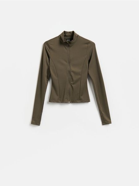 Bluza ze stójką - ciemnozielony. Zielone bluzy Reserved, l, bez wzorów, z dzianiny, bez kaptura. Za 99.99 zł.