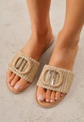 Beżowe Plecione Klapki na Płaskiej Podeszwie Zdobione Metaliczną Aplikacją Rhelana. Brązowe klapki Renee, z aplikacjami, bez obcasa, na płaskiej podeszwie. Za 79.99 zł.