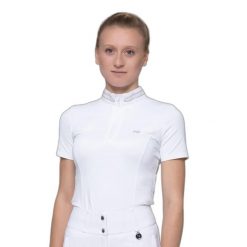 Damska koszulka polo na zawody Premier Equine Maria Diamante. Białe koszulki polo PREMIER EQUINE, z aplikacjami, z bawełny, bez kołnierzyka, bez ramiączek. Za 311.00 zł.