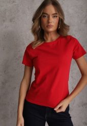 Czerwony T-shirt z Bawełny z Okrągłym Dekoltem Nedima. Czerwone t-shirty Renee, m, bez wzorów, z bawełny, bez kołnierzyka, bez ramiączek. Za 39.99 zł.