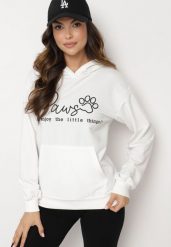 Biała Bluza z Bawełną i Kapturem Ozdobiona Napisem Zalabina. Białe bluzy Born2be, l, z aplikacjami, z bawełny, z kapturem. Za 79.99 zł.