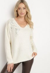 Jasnobeżowy Sweter z Wełną Ozdobnymi Kwiatami 3D i Cekinami Yasimi. Brązowe swetry Born2be, m, z aplikacjami, z jeansu, bez ramiączek. Za 149.99 zł.