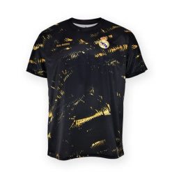 Czarno-złota koszulka treningowa Real Madryt. Czarne koszulki sportowe REAL MADRID, bez wzorów, bez ramiączek, do piłki nożnej. W wyprzedaży za 164.49 zł.