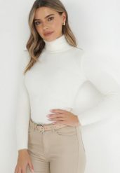 Biały Golf Wełniany Prążkowany Ona. Białe golfy Born2be, xs, bez wzorów, z dzianiny, bez ramiączek. Za 59.99 zł.