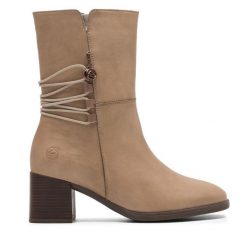 Botki Remonte. Brązowe botki Remonte, bez wzorów, bez obcasa, na słupku, bez zapięcia. Za 499.99 zł.