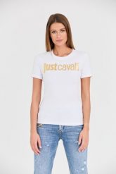 JUST CAVALLI Biały damski t-shirt Logo Gold, Rozmiar XL. Białe t-shirty Just Cavalli, s, bez wzorów, bez kołnierzyka, bez ramiączek. W wyprzedaży za 259.99 zł.
