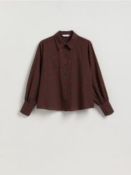 Koszula z haftowanym wzorem - brązowy. Brązowe koszule Reserved, l, bez wzorów, z bawełny, bez kołnierzyka, bez ramiączek. Za 149.99 zł.