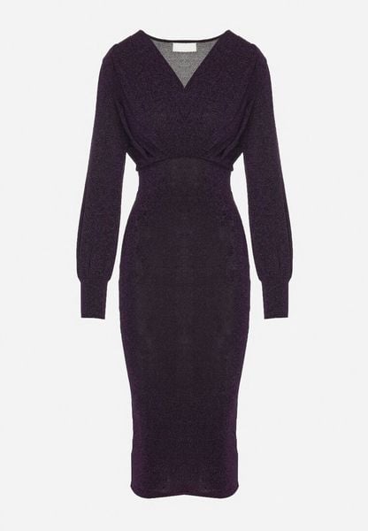 Fioletowa Dopasowana Sukienka z Kopertowym Dekoltem i Bufiastymi Rękawami Ulonissa. Fioletowe sukienki Born2be, na imprezę, l, bez wzorów, klasyczne, bez kołnierzyka, bez ramiączek, dopasowane. Za 99.99 zł.