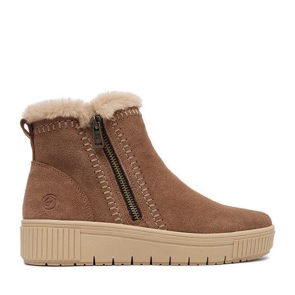 Botki Remonte. Brązowe botki Remonte, bez wzorów, bez obcasa, na płaskiej podeszwie, bez zapięcia. Za 329.99 zł.