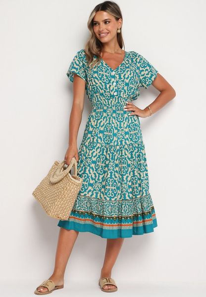 Miętowa Bawełniana Sukienka z Dekoltem w Serek Zapinana na Guziki z Gumką w Pasie Kelea. Zielone sukienki Born2be, na co dzień, na lato, l, bez wzorów, z bawełny, eleganckie, bez kołnierzyka, bez ramiączek, proste. Za 49.99 zł.