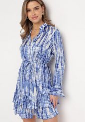 Niebieska Sukienka Mini Ozdobiona Falbankami i Akwarelowym Wzorem Panava. Niebieskie sukienki Born2be, l, bez wzorów, bez kołnierzyka, bez ramiączek, mini, rozkloszowane. Za 139.99 zł.
